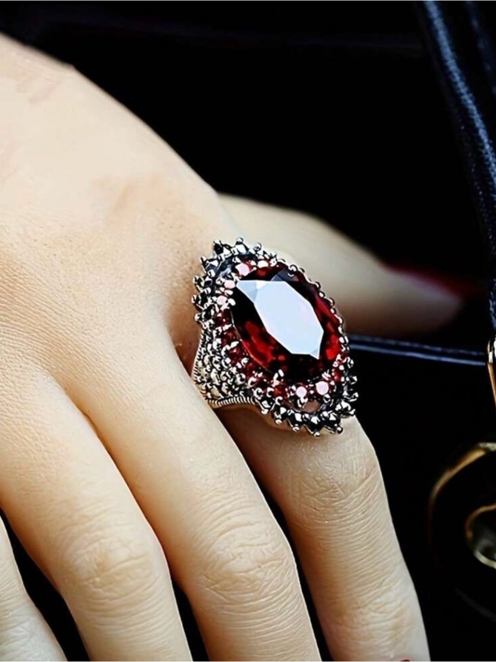 Deep Red Gemstone Silver-Tone Statement Ring - Picture 6 of 6